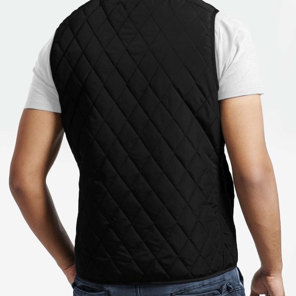 OLGYN Men’s Faux Leather Trim Quilted Black Vest - Picture 2 of 4